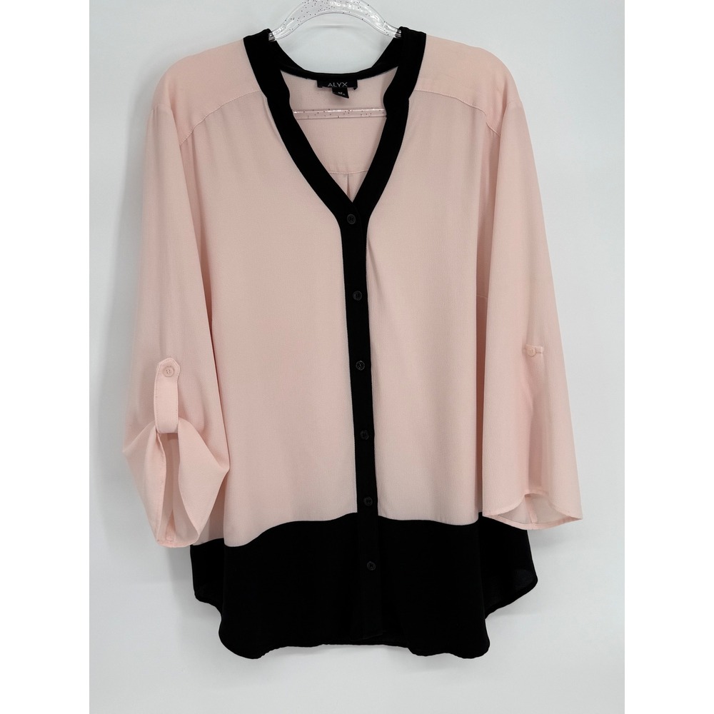 ALYX Womens Sz 2X Blush Pink Black Colorblock Roll Tab Sleeve V-Neck Blouse